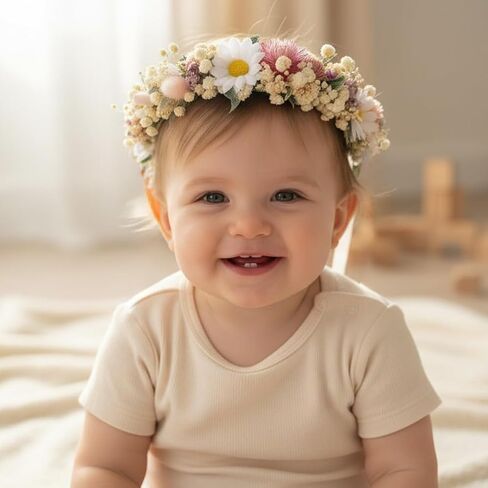 Flower Crown for Toddler 1-3 Years Baby Girls Headband Photo Prop | Dried Flower Hair Wreath with Burnt Orange Preserved Hydrangea Babys Breath 1st Birthday Party Headpieces in Kuwait