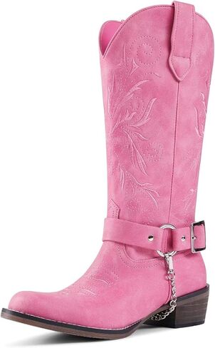 Cowboy Boots Embroidered Mid Calf Removable Belt Low Block Heel Round Toe Western Boots in Kuwait