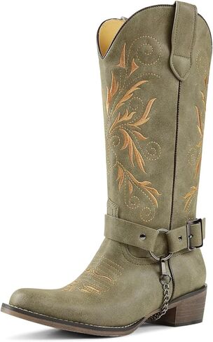 Cowboy Boots Embroidered Mid Calf Removable Belt Low Block Heel Round Toe Western Boots in Saudi Arabia