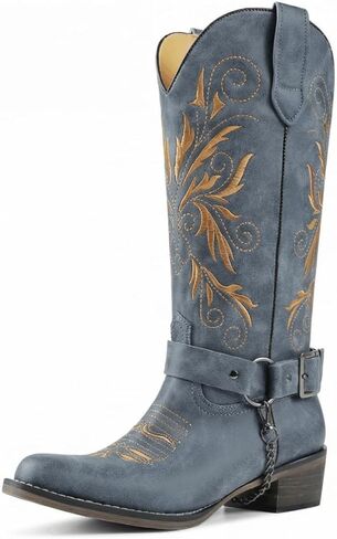 Cowboy Boots Embroidered Mid Calf Removable Belt Low Block Heel Round Toe Western Boots in Saudi Arabia
