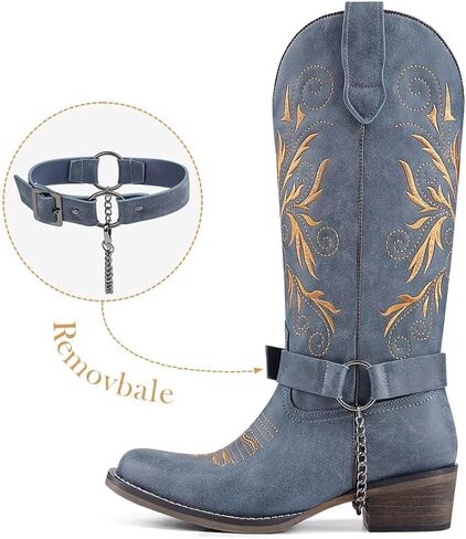Cowboy Boots Embroidered Mid Calf Removable Belt Low Block Heel Round Toe Western Boots in Saudi Arabia