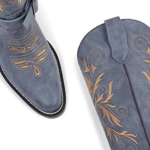 Cowboy Boots Embroidered Mid Calf Removable Belt Low Block Heel Round Toe Western Boots in Saudi Arabia
