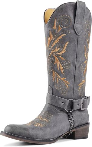 Cowboy Boots Embroidered Mid Calf Removable Belt Low Block Heel Round Toe Western Boots in Saudi Arabia