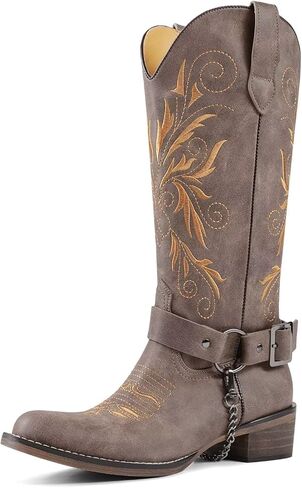 Cowboy Boots Embroidered Mid Calf Removable Belt Low Block Heel Round Toe Western Boots in Saudi Arabia