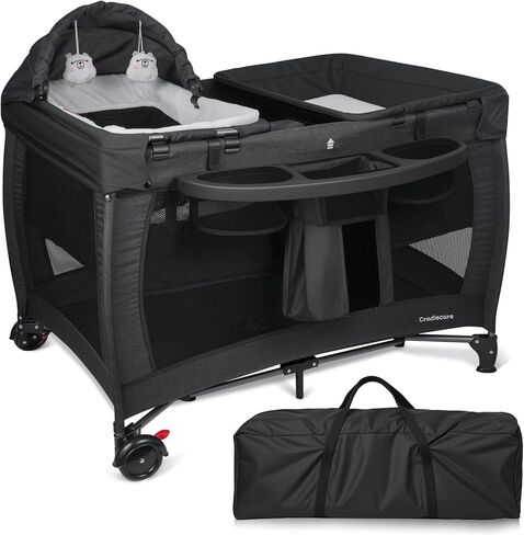 5 in 1 Pack and Play with Bassinet & Changing Table, Portable Foldable Playpen for Babies and Toddlers with Locking Wheels & Diaper Storage, Easy Fold Travel Playard (Black) in Kuwait