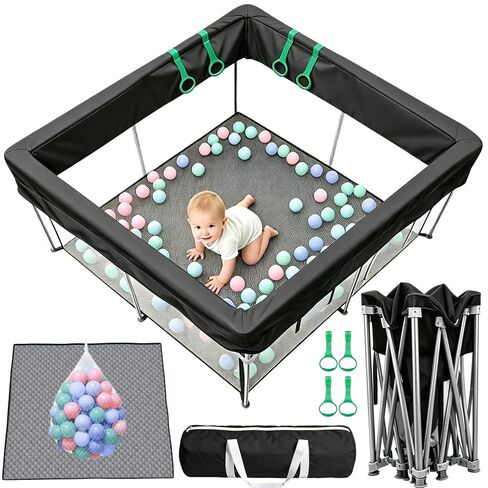 Foldable Baby Playpen, 50"×50" Collapsible Play Yard for Babies and Toddlers, No Assembly Required, Kids Safety Play Area with 4 Handles, 50 Balls and Visible Mesh, Black in Kuwait