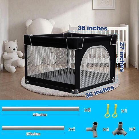 Grobeybees Playpen للأطفال الرضع والأطفال الصغار، روضة أطفال صغيرة، ساحة لعب مع حقيبة، قلم لعب داخلي وخارجي، ساحة لعب أطفال متينة وآمنة مع شبكة ناعمة قابلة للتنفس (أسود، 96 × 36 بوصة) in Kuwait
