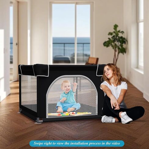 Grobeybees Playpen للأطفال الرضع والأطفال الصغار، روضة أطفال صغيرة، ساحة لعب مع حقيبة، قلم لعب داخلي وخارجي، ساحة لعب أطفال متينة وآمنة مع شبكة ناعمة قابلة للتنفس (أسود، 96 × 36 بوصة) in Kuwait