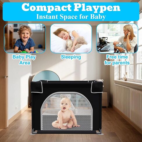 Grobeybees Playpen للأطفال الرضع والأطفال الصغار، روضة أطفال صغيرة، ساحة لعب مع حقيبة، قلم لعب داخلي وخارجي، ساحة لعب أطفال متينة وآمنة مع شبكة ناعمة قابلة للتنفس (أسود، 96 × 36 بوصة) in Kuwait