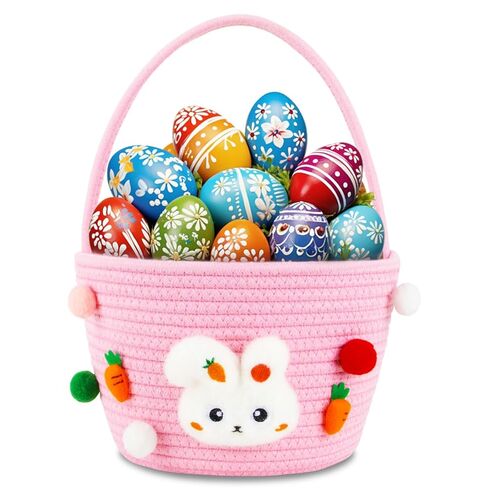 CCILAND Easter Basket for Kids, Empty Easter Egg Hunting Basket with Handle, Pink Bunny Rope Bucket Rabbit Easter Gifts Bag for Girls, Toddler in Kuwait