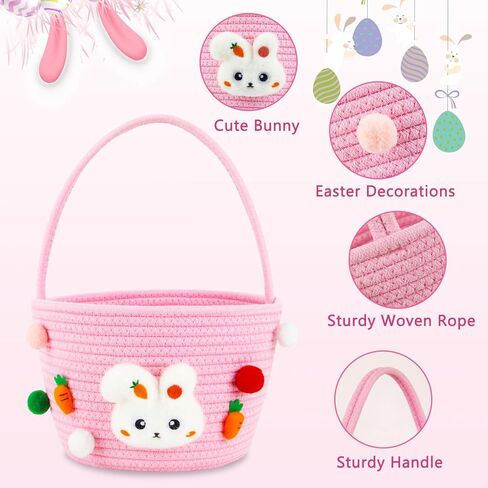 CCILAND Easter Basket for Kids, Empty Easter Egg Hunting Basket with Handle, Pink Bunny Rope Bucket Rabbit Easter Gifts Bag for Girls, Toddler in Kuwait