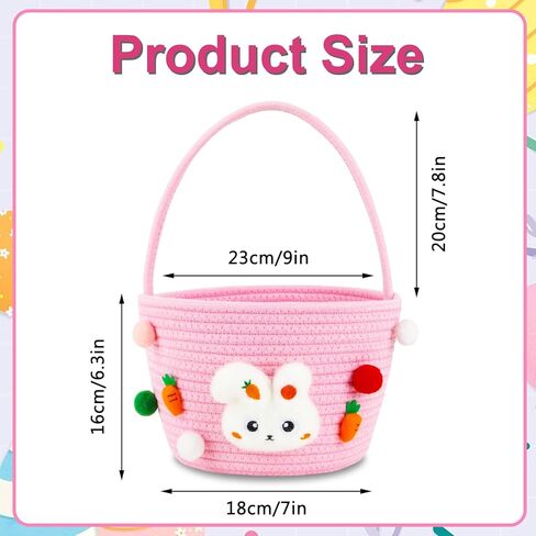 CCILAND Easter Basket for Kids, Empty Easter Egg Hunting Basket with Handle, Pink Bunny Rope Bucket Rabbit Easter Gifts Bag for Girls, Toddler in Kuwait
