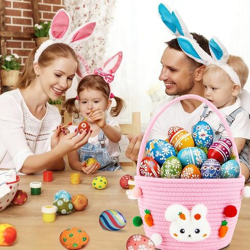 CCILAND Easter Basket for Kids, Empty Easter Egg Hunting Basket with Handle, Pink Bunny Rope Bucket Rabbit Easter Gifts Bag for Girls, Toddler in Kuwait
