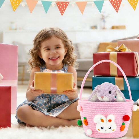 CCILAND Easter Basket for Kids, Empty Easter Egg Hunting Basket with Handle, Pink Bunny Rope Bucket Rabbit Easter Gifts Bag for Girls, Toddler in Kuwait