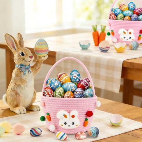 CCILAND Easter Basket for Kids, Empty Easter Egg Hunting Basket with Handle, Pink Bunny Rope Bucket Rabbit Easter Gifts Bag for Girls, Toddler in Kuwait