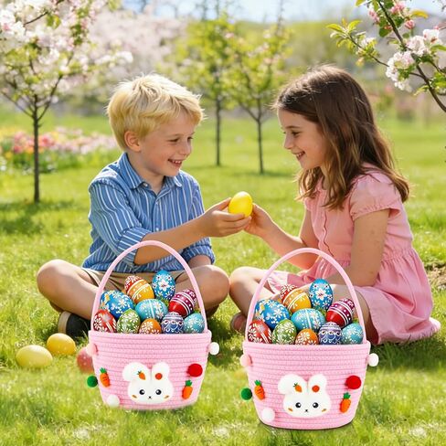 CCILAND Easter Basket for Kids, Empty Easter Egg Hunting Basket with Handle, Pink Bunny Rope Bucket Rabbit Easter Gifts Bag for Girls, Toddler in Kuwait