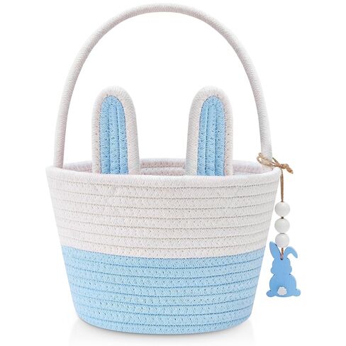 Easter Baskets for Kids, Blue Small Personalized Bunny Easter Basket Empty with Handle, Basket Tags, Woven Rope Egg Easter Baskets Gifts for Boys Girls Babies Toddler Infant, 8.7" x 6.9" x 6.3" in Saudi Arabia
