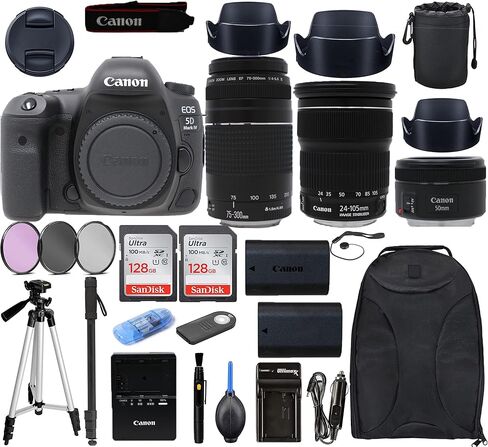 مجموعة كاميرا Canon EOS 5D Mark IV DSLR + EF 24-105mm f3.5-5.6 is STM + EF 75-300mm f4-5.6 III + Canon EF 50mm f1.8 STM، أسود، بالحجم الكامل (1483C010) (متجدد) in Kuwait
