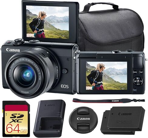 كاميرا كانون EOS M100 بدون مرآة مع عدسة 15-45 ملم (أسود) | مستشعر APS-C بدقة 24.2 ميجابكسل، Dual Pixel CMOS AF، واي فاي وبلوتوث | رائعة للسفر والصور المبتدئة (2209C011) + بطاقة سعة 64 جيجابايت + حقيبة + بطارية in Kuwait