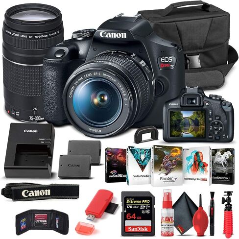 كاميرا Canon EOS Rebel T7 DSLR مع عدسات 18-55 مم و75-300 مم (2727C021)، بطاقة 64 جيجابايت، برنامج Corel Photo، بطارية LPE10، قارئ بطاقات، مجموعة تنظيف فاخرة، حامل ثلاثي القوائم مرن، محفظة ذاكرة (متجددة) in Kuwait
