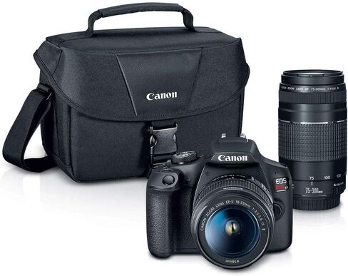كاميرا Canon EOS Rebel T7 DSLR مع عدسات 18-55 مم و75-300 مم (2727C021)، بطاقة 64 جيجابايت، برنامج Corel Photo، بطارية LPE10، قارئ بطاقات، مجموعة تنظيف فاخرة، حامل ثلاثي القوائم مرن، محفظة ذاكرة (متجددة) in Kuwait