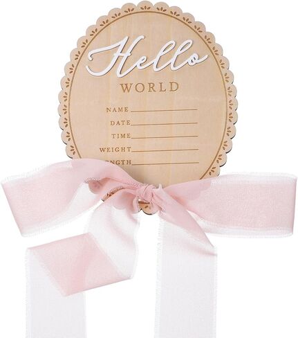 Pink Bow Baby Announcement Sign, Wooden Hello World Newborn Sign, Welcome Baby Announcements Board for Hospital Birth Announcement Photo Props in Kuwait