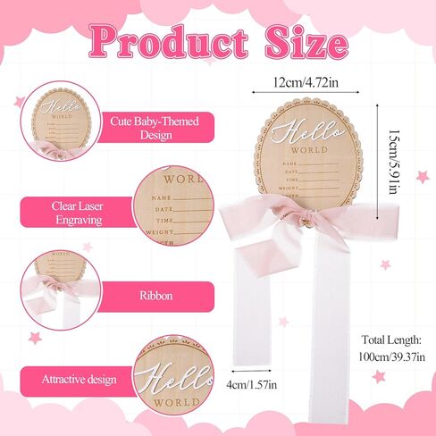 Pink Bow Baby Announcement Sign, Wooden Hello World Newborn Sign, Welcome Baby Announcements Board for Hospital Birth Announcement Photo Props in Kuwait