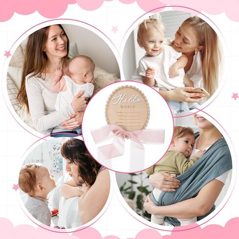 Pink Bow Baby Announcement Sign, Wooden Hello World Newborn Sign, Welcome Baby Announcements Board for Hospital Birth Announcement Photo Props in Kuwait