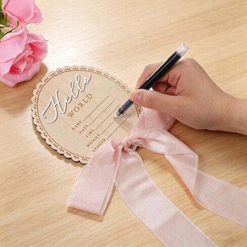 Pink Bow Baby Announcement Sign, Wooden Hello World Newborn Sign, Welcome Baby Announcements Board for Hospital Birth Announcement Photo Props in Kuwait