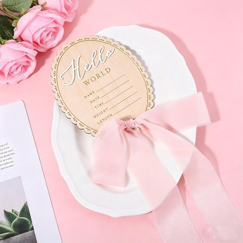 Pink Bow Baby Announcement Sign, Wooden Hello World Newborn Sign, Welcome Baby Announcements Board for Hospital Birth Announcement Photo Props in Kuwait