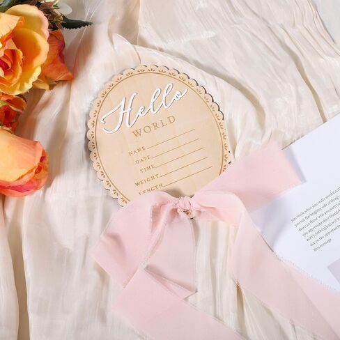 Pink Bow Baby Announcement Sign, Wooden Hello World Newborn Sign, Welcome Baby Announcements Board for Hospital Birth Announcement Photo Props in Kuwait