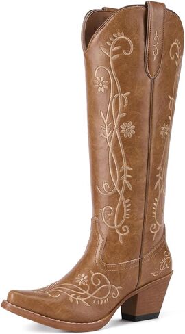 Rollda Cowboy Boots for Women, Knee High Cowgirl Boots, Ladies Tall Western Boots, Retro Vintage Cowgirl Boots with Side Zipper Snip Toe Chunky Heel in Saudi Arabia