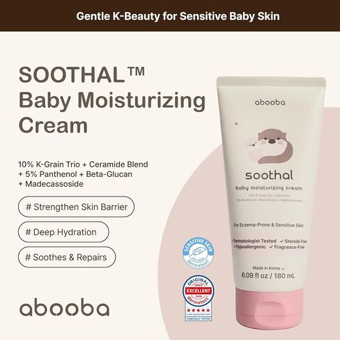 abooba SOOTHAL Baby Moisturizing Cream for Eczema-Prone Sensitive Dry Skin | Ceramide & Cica Barrier Cream | Fragrance-Free, Non-Greasy, 24-Hour Hydration | K-Beauty, Face & Body | 6.09 fl oz (180ml) in Kuwait