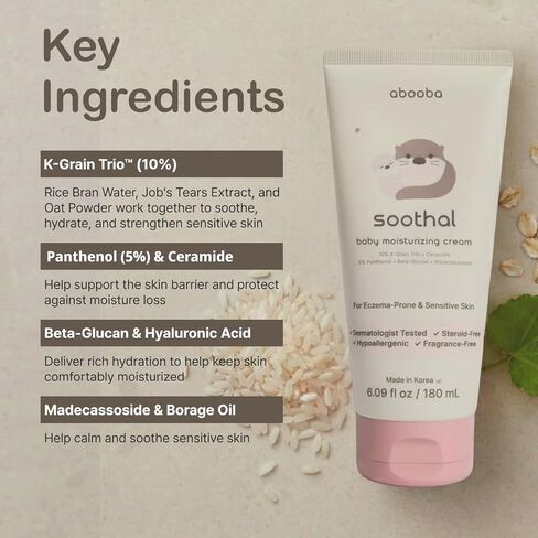 abooba SOOTHAL Baby Moisturizing Cream for Eczema-Prone Sensitive Dry Skin | Ceramide & Cica Barrier Cream | Fragrance-Free, Non-Greasy, 24-Hour Hydration | K-Beauty, Face & Body | 6.09 fl oz (180ml) in Kuwait