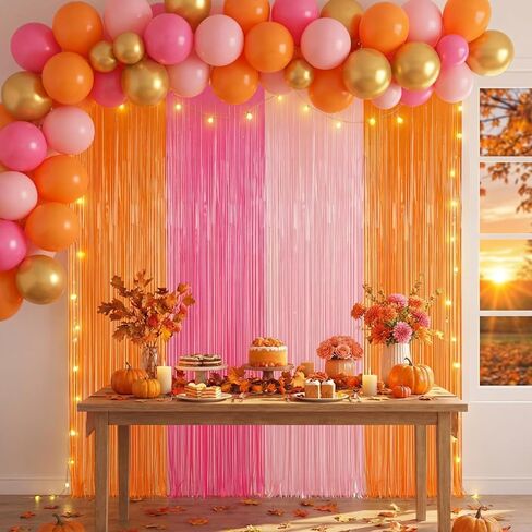 Frienda 4Pcs Sunset Party Decorations 6.6Ft Fringe Curtains Party Decorations Pink and Orange Backdrop Curtains for Sunset Autumn Thanksgiving Bridal Wedding Graduation Backdrop Decor in Kuwait