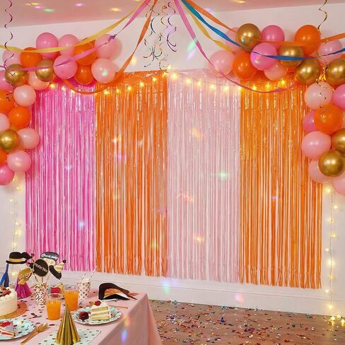 Frienda 4Pcs Sunset Party Decorations 6.6Ft Fringe Curtains Party Decorations Pink and Orange Backdrop Curtains for Sunset Autumn Thanksgiving Bridal Wedding Graduation Backdrop Decor in Kuwait