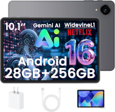 تابلت Android 16 - تابلت 10.1 بوصة، ذاكرة وصول عشوائي 28 جيجابايت، ذاكرة تخزين داخلية 256 جيجابايت، 2 تيرابايت قابلة للتوسيع، شاشة لمس IPS عالية الدقة 1280x800، Gemini AI، ثماني النواة، Widevine L1، بطارية 6000 مللي أمبير في الساعة، BT 5.0، 5G WiFi & GPS  in Saudi Arabia