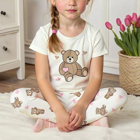 Girls clothes set 2-Piece Cute Bear Print Outfit with Teddy & Heart Pattern Short Sleeve Top & Pants in Saudi Arabia