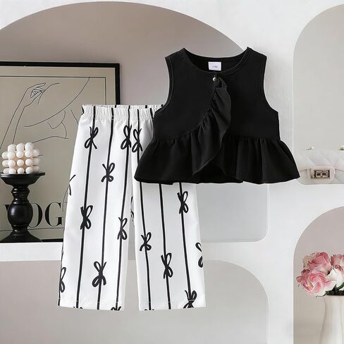 Baby Girl Summer Outfit Black Ruffle Tank Top Bow Print Wide Leg Pants Set 2Pcs Infant Fashion Clothes in Kuwait