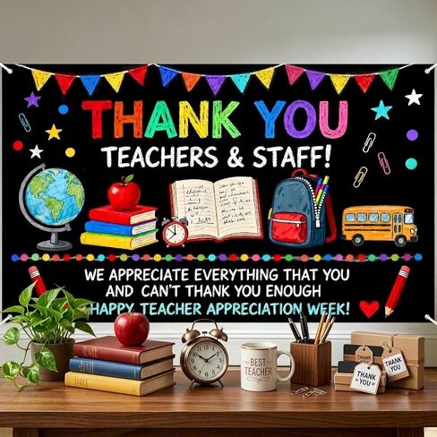 Teacher Appreciation Decorations Set, 71x43in Fabric Thank You Teachers & Staff Backdrop with Balloons Hanging Swirls Honeycomb Centerpieces, We Appreciate You Banner for School Party Supplies in Saudi Arabia