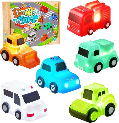 Baby Bath Toys, 6 Pack Light Up Cars Bath Toys, No Hole No Mould Bathtub Toy for 1 2 3 Year Olds, Flashing LED Sensory Toy for Toddlers, Bath Time Shower Gifts for Boys and Girls in Kuwait