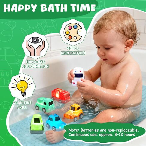 Baby Bath Toys, 6 Pack Light Up Cars Bath Toys, No Hole No Mould Bathtub Toy for 1 2 3 Year Olds, Flashing LED Sensory Toy for Toddlers, Bath Time Shower Gifts for Boys and Girls in Kuwait