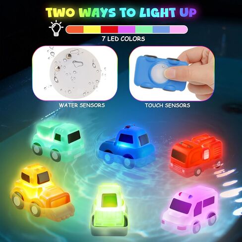 Baby Bath Toys, 6 Pack Light Up Cars Bath Toys, No Hole No Mould Bathtub Toy for 1 2 3 Year Olds, Flashing LED Sensory Toy for Toddlers, Bath Time Shower Gifts for Boys and Girls in Kuwait