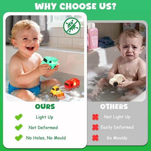 Baby Bath Toys, 6 Pack Light Up Cars Bath Toys, No Hole No Mould Bathtub Toy for 1 2 3 Year Olds, Flashing LED Sensory Toy for Toddlers, Bath Time Shower Gifts for Boys and Girls in Kuwait