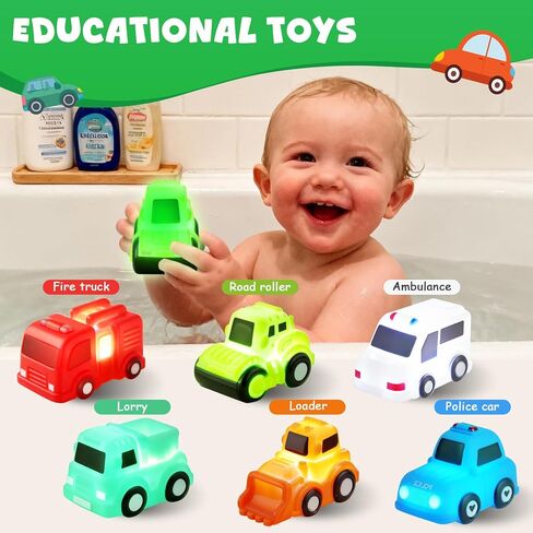 Baby Bath Toys, 6 Pack Light Up Cars Bath Toys, No Hole No Mould Bathtub Toy for 1 2 3 Year Olds, Flashing LED Sensory Toy for Toddlers, Bath Time Shower Gifts for Boys and Girls in Kuwait