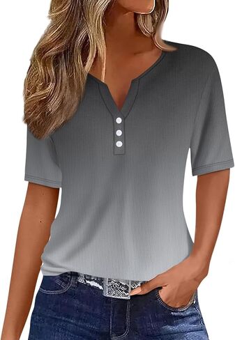 Women's Floral Print V-Neck Button Down Casual Shirt Short Sleeve Summer Tops for Daily Wear in Kuwait
