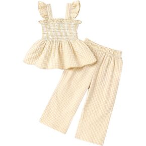 Toddler Baby Girl Summer Clothes Ruffle Strap Smocked Top & Pants Clothing Set Solid Sleeveless Outfit in Kuwait