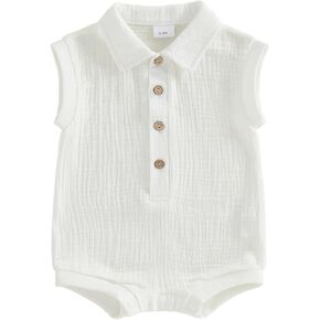 Honganda Newborn Baby Boy Cotton Linen Romper Short Sleeve Lapel Collar Button Down Jumpsuit Summer Solid One Piece Outfit in Kuwait