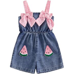 SHIBAOZI Baby Girl Denim Jumpsuit Toddler Plaid Bowknot Embroidery Romper Shorts Watermelon Overalls Summer Clothes in Saudi Arabia