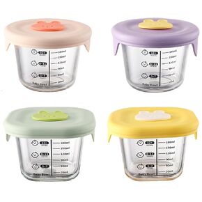 Baby Food Jars Infant Food Containers 4Pcs 230ml Round & Square Non-Toxic Glass Jars with Silicone Lid & Scale -20-400℃ Resistant Microwavable Storage Containers in Saudi Arabia